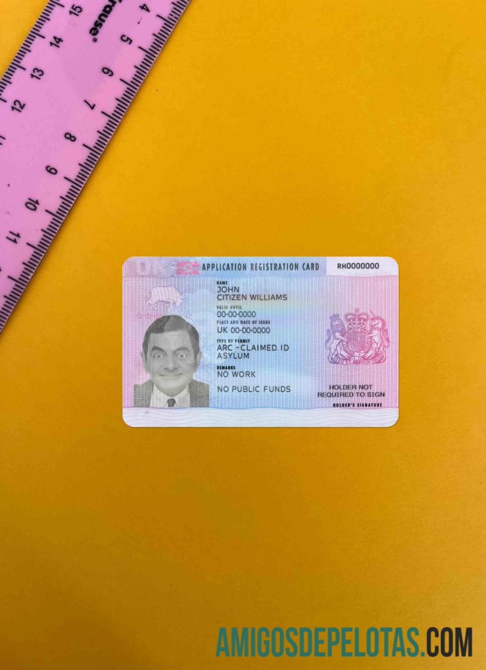 UK Application Registration Card olhar de foto frente exemplo